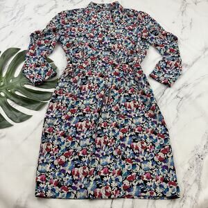 Liz Claiborne Womens Vintage 90s Shirt Dress Size 14 Blue Red Floral Wrap Pocket